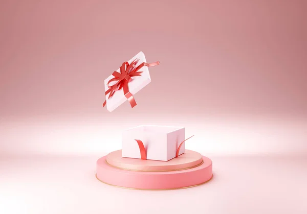 3 boyutlu kırmızı kurdele, merkezinde pembe altın rengi bir sahne olan hediye kutusu. Pastel pembe sahne ve minimum arka plan stili. Sevgililer Günü etkinliği.