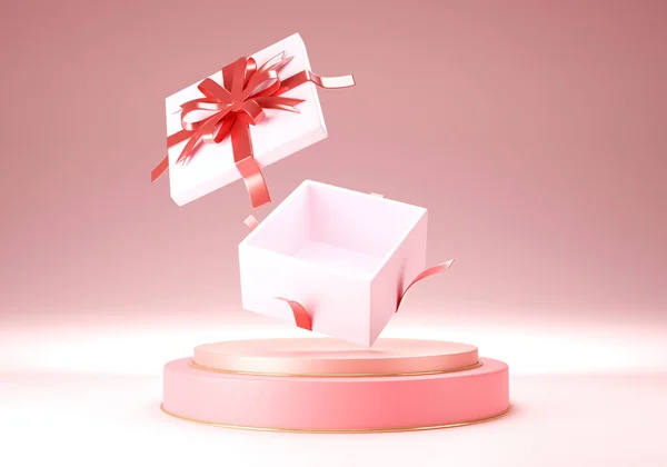 3 boyutlu kırmızı kurdeleyi merkezde pembe altın rengi bir sahne olan hediye kutusuna yaklaştır. Pastel pembe sahne ve minimum arka plan stili. Sevgililer Günü etkinliği.