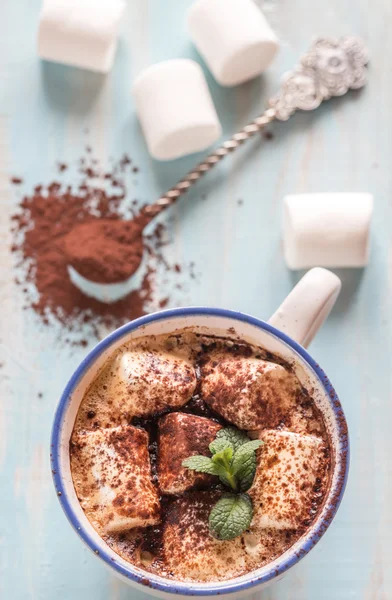 Tazza di cacao con marshmallow e cacao in polvere — Foto Stock