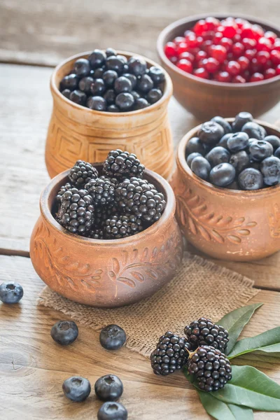Чаши с летними ягодами на деревянном столе — стоковое фото