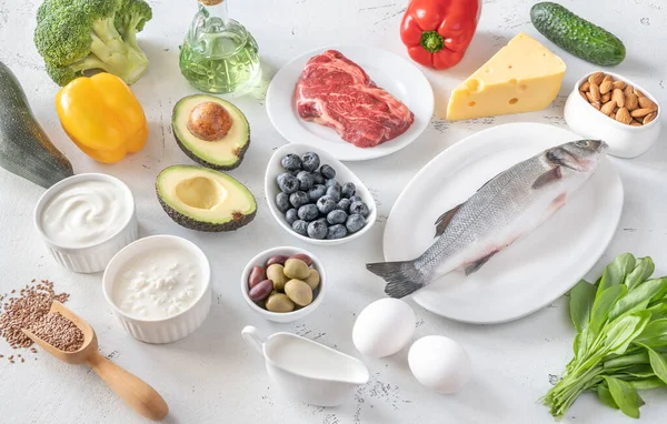 Asortyment Żywności Dla Ketogennej Diety Płaskie Układanie — Zdjęcie stockowe