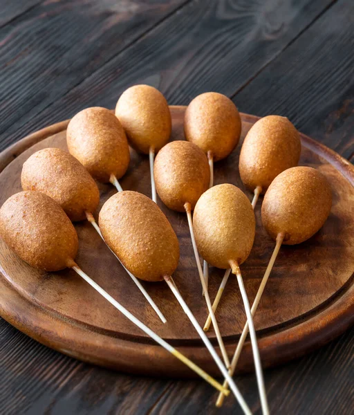 Bunch Mini Corn Dogs Wooden Board — Stock Photo, Image