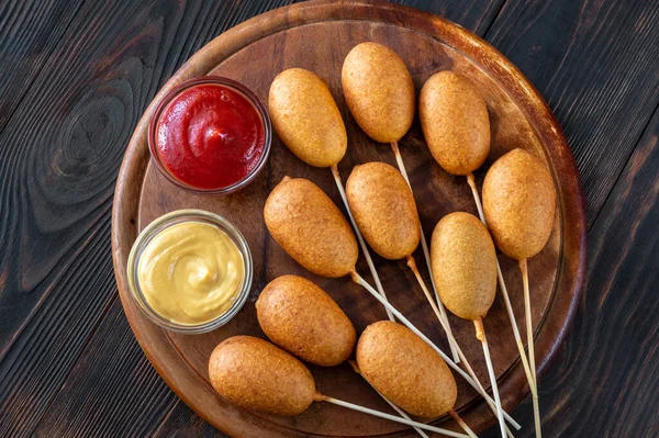 Corn Dogs Different Dip Sauces Wooden Board — Stock Photo, Image