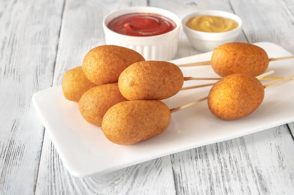 Corn Dogs Dip Sauces White Serving Plate — Stock Photo, Image