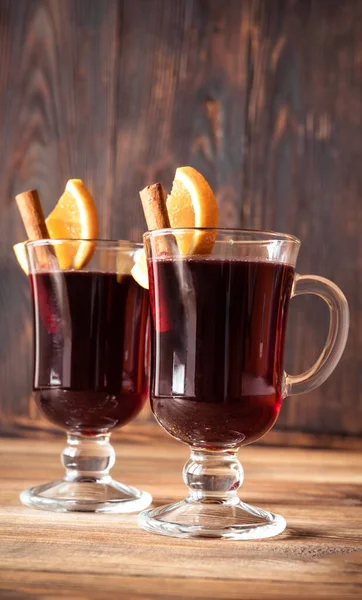 Glasses Mulled Wine Garnished Cinnamon Orange — Stock Photo, Image