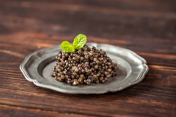 Black Caviar Silver Vintage Plate Close — Stock Photo, Image