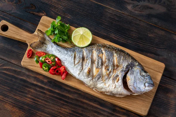 Grilled Dorada Chili Pepper Fresh Cilantro Lime Wooden Board — Stock Photo, Image