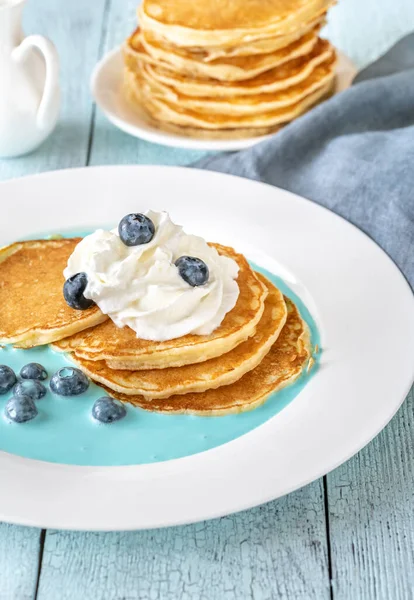 Pancakes Fresh Blueberries Whipped Cream — Stock Photo, Image