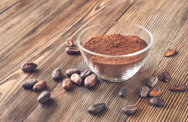Bir kase kakao tozu ve kakao çekirdeği.