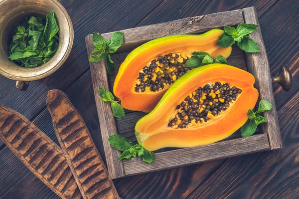 Papaya Houten Doos Doorsnede — Stockfoto