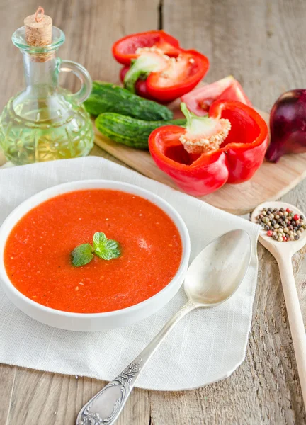 Portion of gazpacho with ingredients — Stock Photo, Image