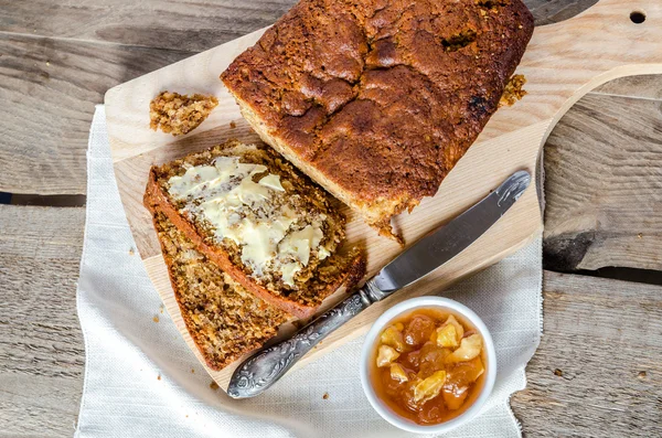 Loaf of banana bread with apple confiture — Stock Photo, Image
