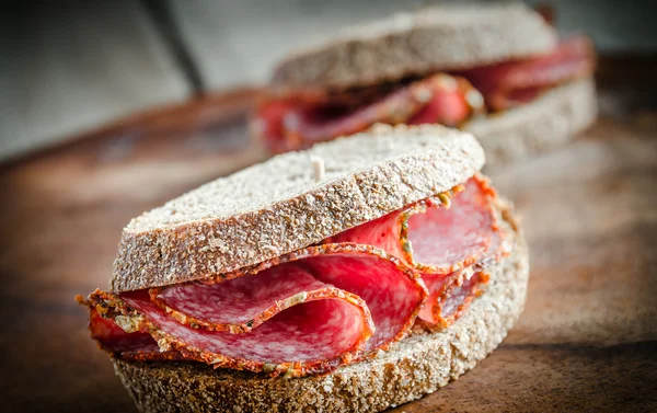 Sandwiches with italian salami — Stock Photo, Image