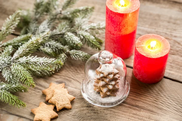 Zelfgemaakte zoete kerstboom onder de glazen koepel — Stockfoto