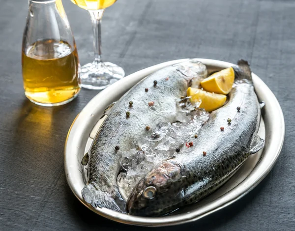 Truchas frescas en hielo en la bandeja de metal vintage — Foto de Stock