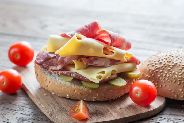 Sandwich with  ham, cheese and cherry tomatoes — Stock Photo, Image