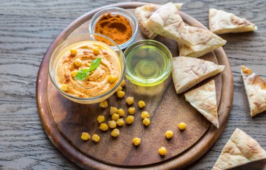 Humus pide dilimleri ile bir kase