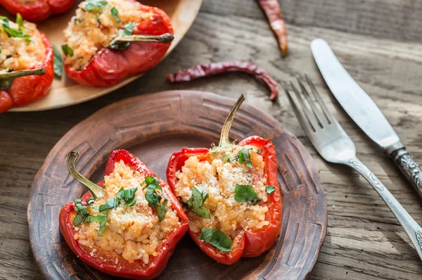 Stuffed red bell peppers with white rice and cheese — Stock Photo, Image