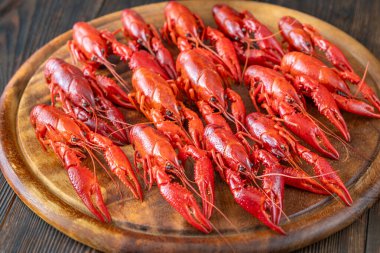 Koyu ahşap masa üzerinde simetrik deniz ürünleri bileşimi, parlak kırmızı kabuklar, menü hazır fotoğraf