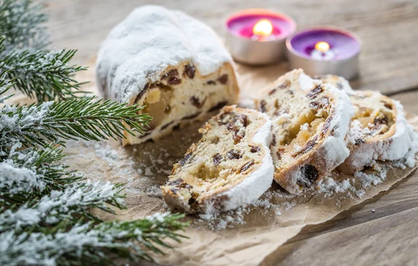 Stollen with snowy fir branch — Stock Photo, Image