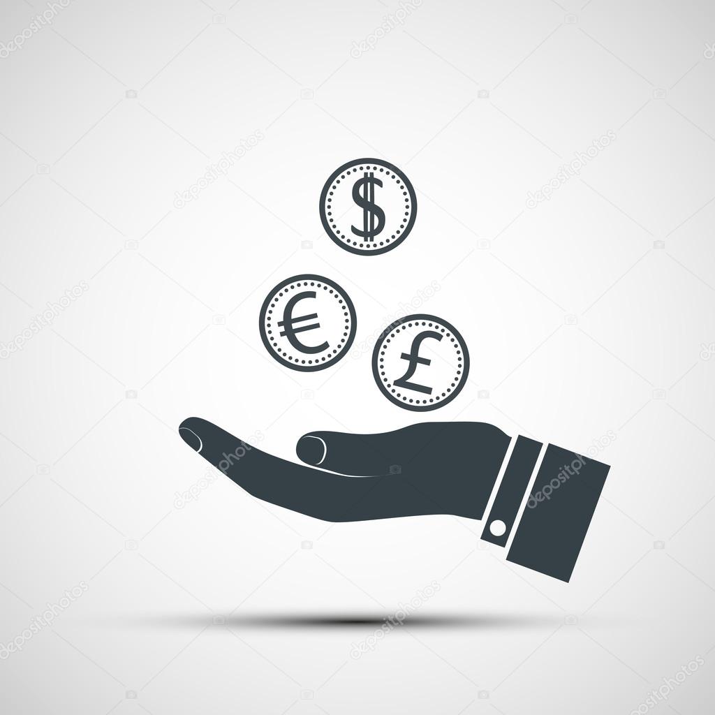 Human hand with coins currencies. Stock vector illustration.