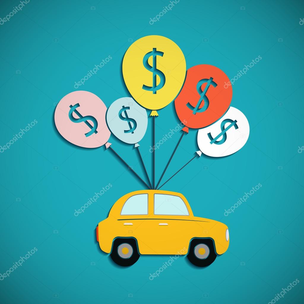 Car is hanging on the balloons. Credit for the purchase of vehicles. Flat graphic. Stock vector illustration.