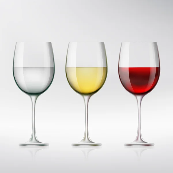 Set de vasos con vino tinto y blanco y agua. Stock vector i — Vector de stock