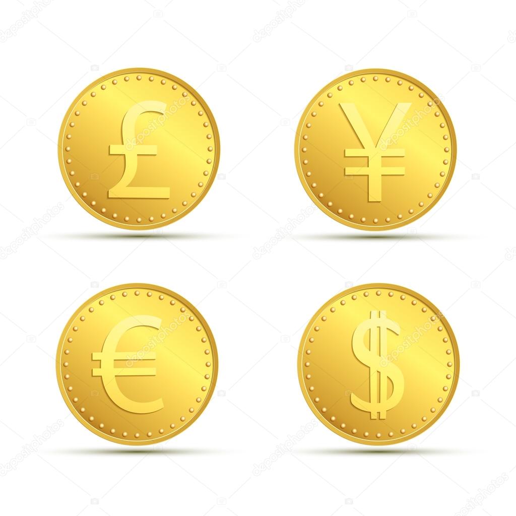 Set icons of gold coins. Currency dollar, euro, pound sterling and yen. Stock vector illustration.