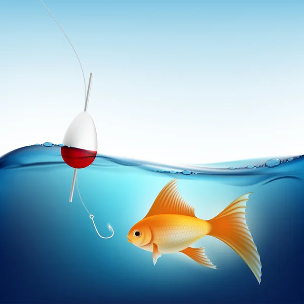 Goldfish na água e gancho de pesca — Vetor de Stock