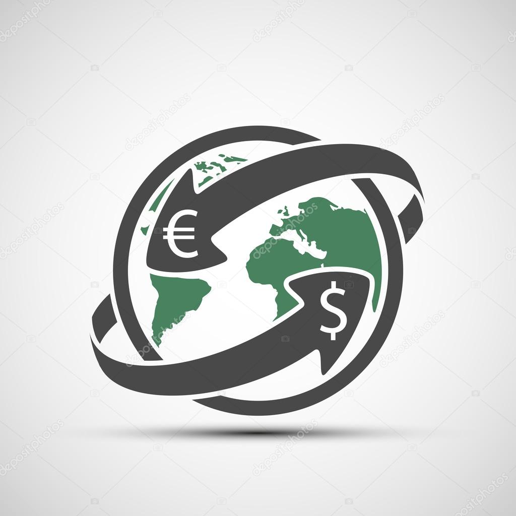 Simple icon earth planet with arrows. Money transfers. Stock vector illustration.