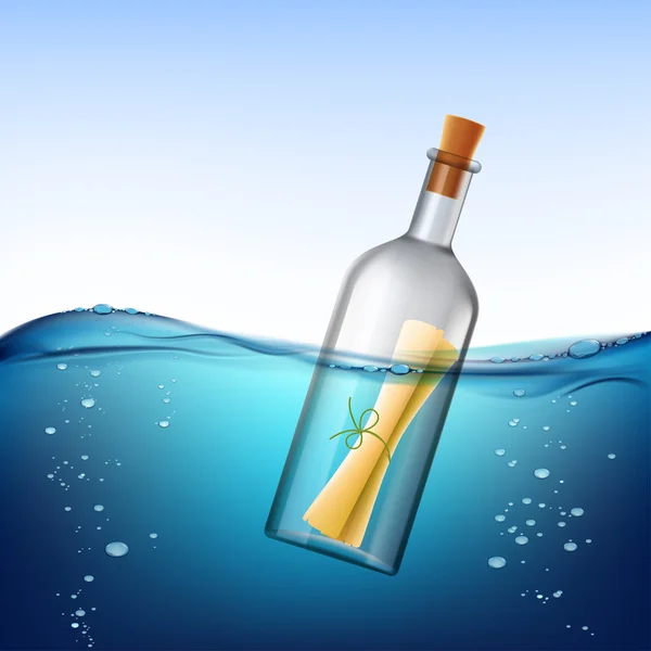 Glass bottle with message, floats in the water. Stock vector ill — Stock Vector