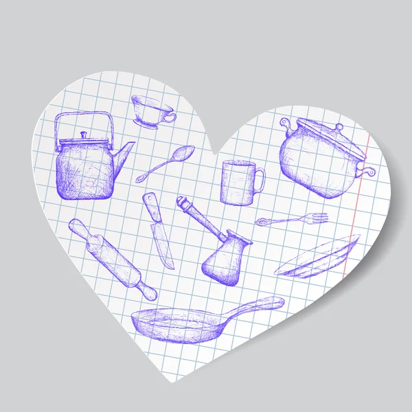 Ustensiles de cuisine sur papier coeur — Image vectorielle