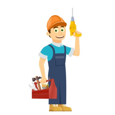 Construction worker holds in hands a tool box. Stock vector illu clipart