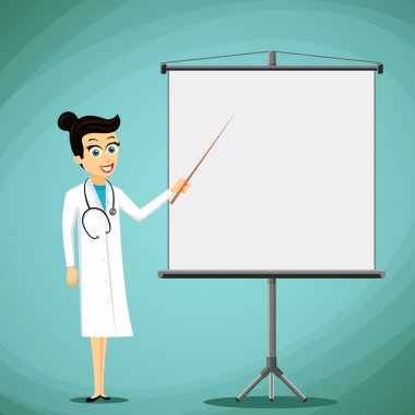 Kadın doktor işaretçi beyaz tahta üzerinde gösterir. Hisse senedi vektör Hüseyin