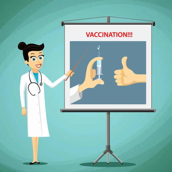 Kobieta lekarz pokazuje na pokładzie plakat ze szczepieniem. Medyczne inf — Wektor stockowy
