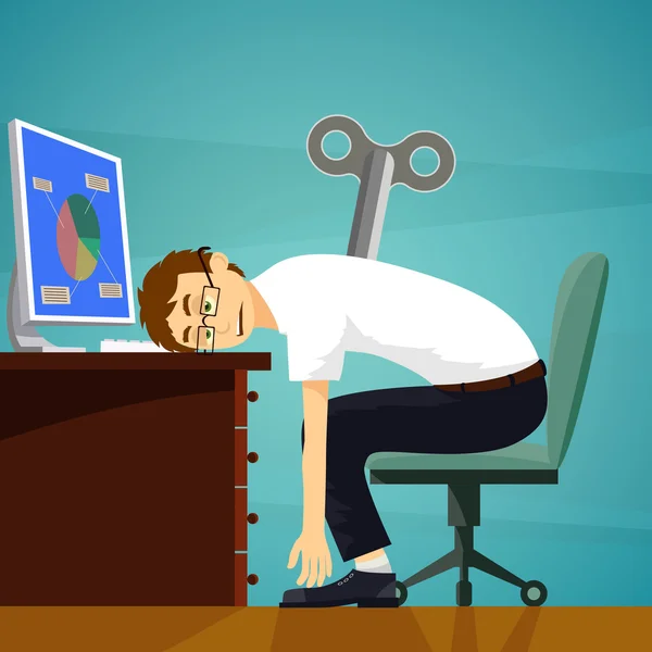 Trabajador cansado se sienta en el lugar de trabajo — Vector de stock