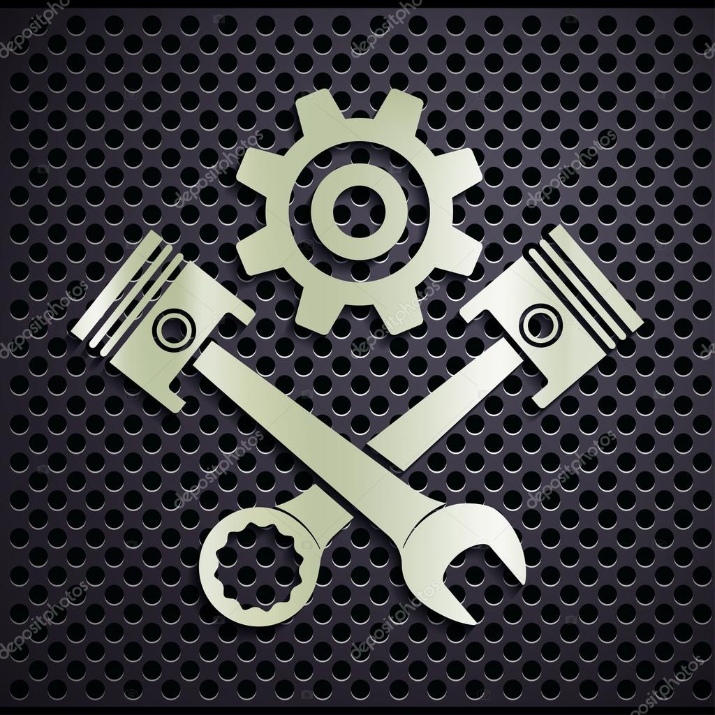 Metal emblem engine with plungers and a wrench. vector illustration.