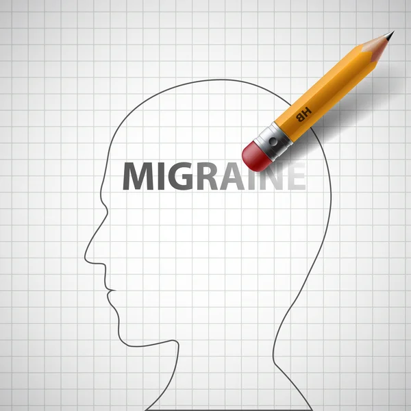 El lápiz borra la palabra migraña en la cabeza humana. vector de stock — Archivo Imágenes Vectoriales
