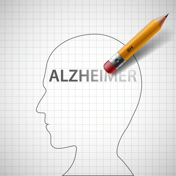 Lápis apaga a palavra Alzheimer na cabeça humana. Vetor — Vetor de Stock