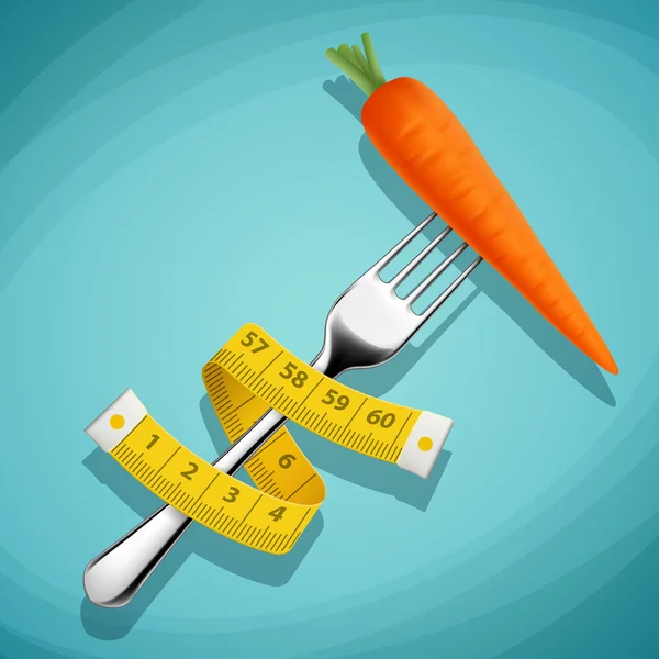 Bir havuç ve bir ölçüm bandı çatalla. Sağlıklı gıda. Lo ağırlık — Stok Vektör