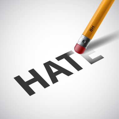 Pencil erases the word hate on paper. Stock vector. clipart