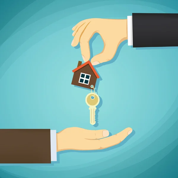 Mann hält Hausschlüssel in der Hand. Geschäft mit Immobilien — Stockvektor