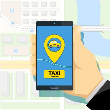 Mobil uygulaması bir taksi çağırır. Bir akıllı telefon elinde tutan adam.