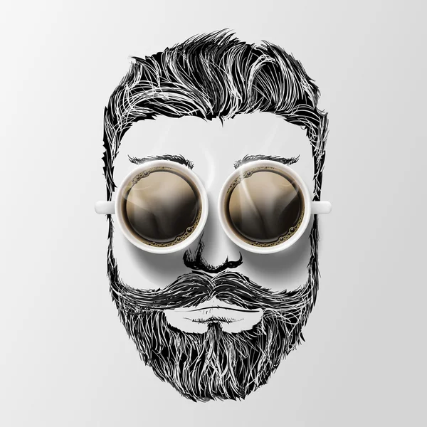 Το κεφάλι ενός άνδρα με μουστάκι, γενειάδα και καφέ. Hipster στυλ. — Διανυσματικό Αρχείο