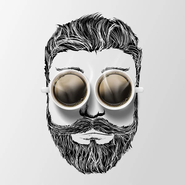 Hoofd van een man met snor, baard en koffie. Hipster stijl. — Stockvector