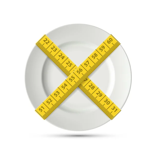 Bir terzi teyp ile beyaz plaka. Zayıflama ve kilo kaybı. — Stok Vektör