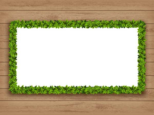 Garland Frame Made Green Leaves Wooden Surface Vector Background — Stock Vector