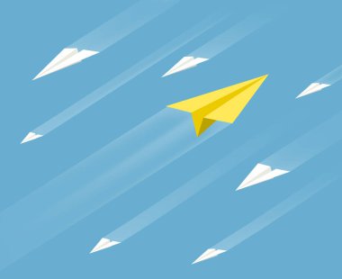 Beyaz ve sarı kağıt uçaklar gökyüzünde farklı yönlerde uçuyorlar. Vektör illüstrasyonu