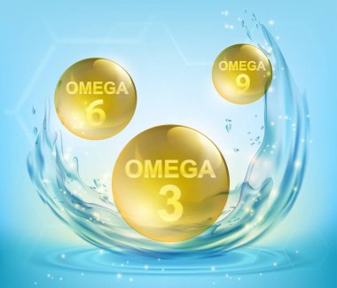 Sarı haplar Omega 3, Omega 6 ve Omega 9 vitaminleri. Vektör illüstrasyonu