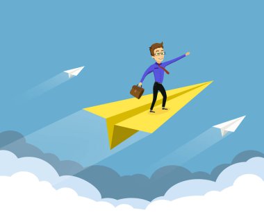 İş adamı gökyüzünde kağıt bir uçakla uçar. İş başarısı ve liderlik. Vektör illüstrasyonu.